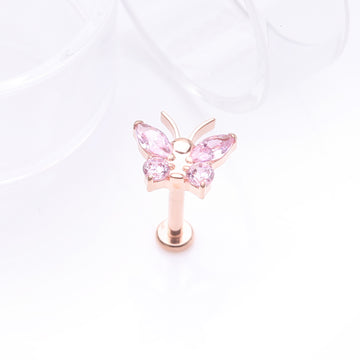 Detail View 1 of Implant Grade Titanium Rose Gold Butterfly Sparkle Internally Threaded Flat Back Stud Labret-Pink